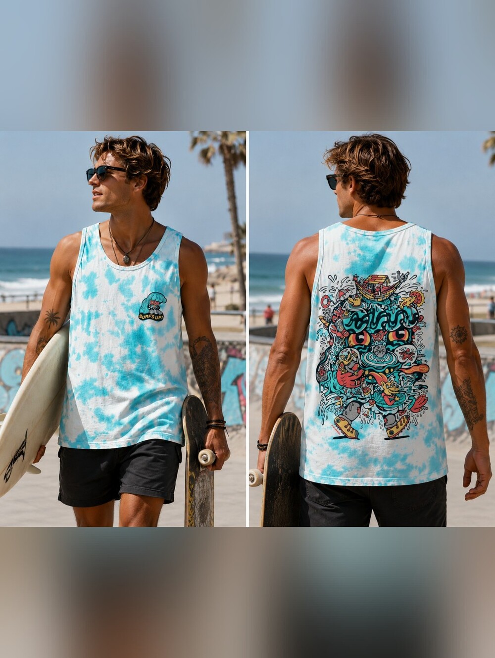 Killer Acid Limited Edition Surf's Up Tie-Dye Graphic Tank Top Men's Medium Beac